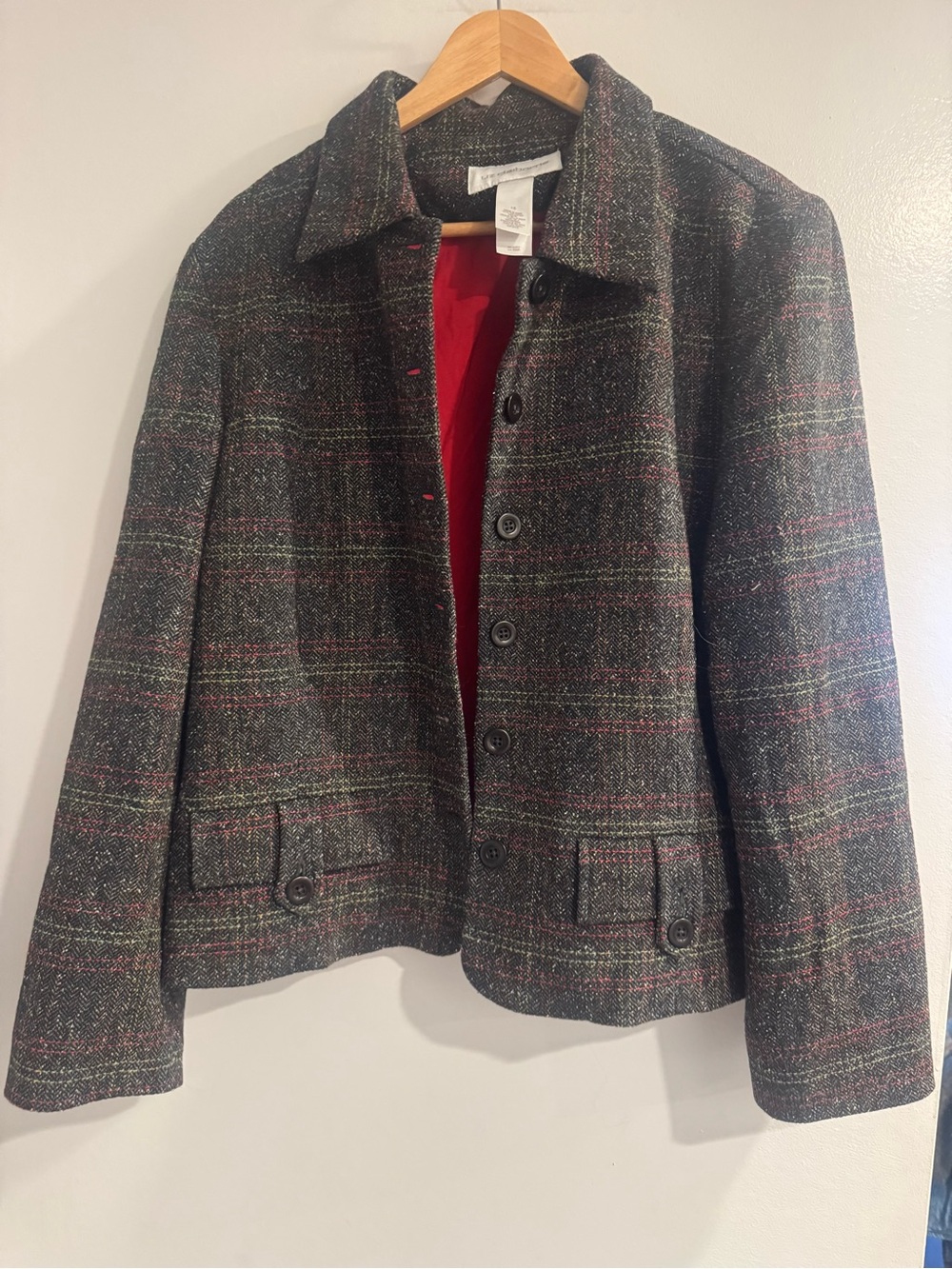 Vintage Liz Claiborne Charcoal Plaid Jacket – Red Lining – Size 16
